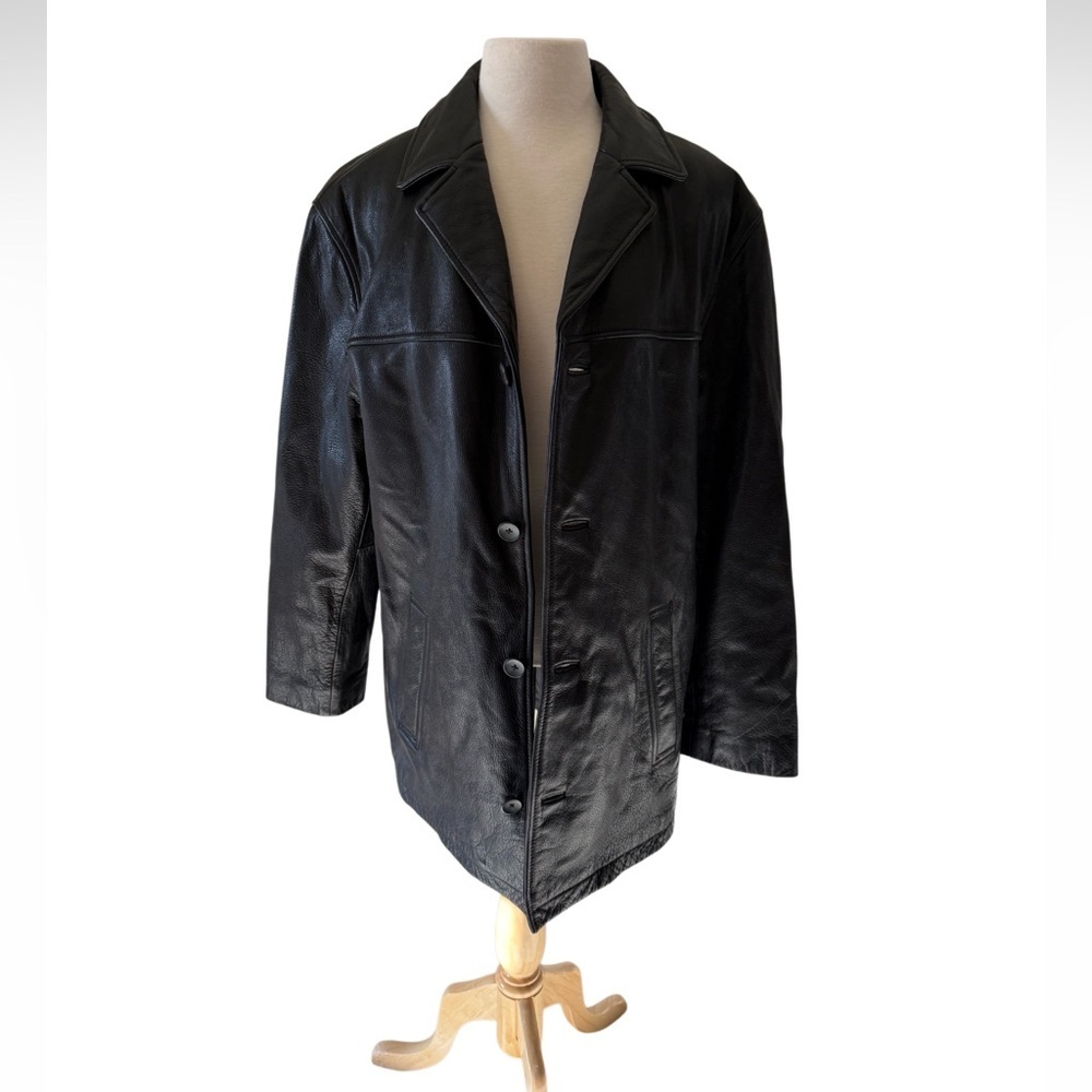 John Ashford Men's Black Leather Collared Coat-Size Medium